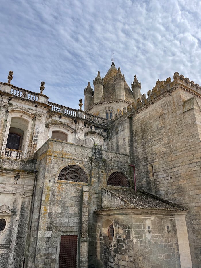 Ancient gothic castle with stone architecture and intricate detailing under a cloudy sky.